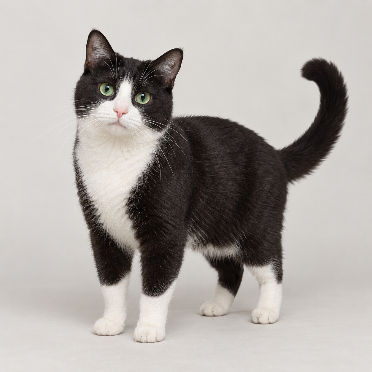 A portrait illustration of Loui, a black-and-white cat