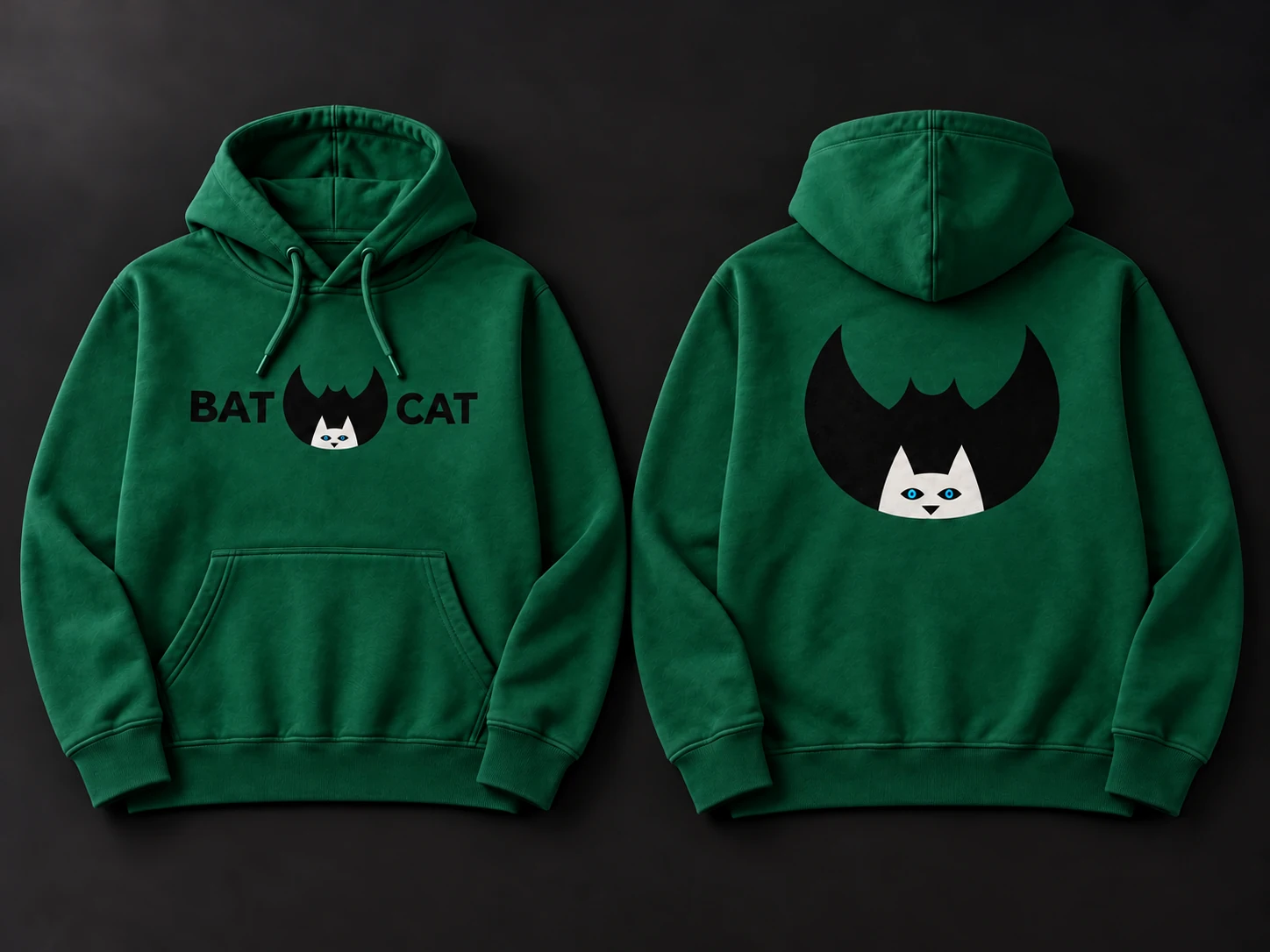 BatCat hoodie, front and back views, emerald with blue logo eyes